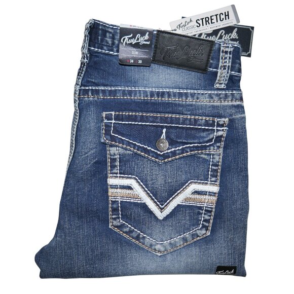 NEW True Luck Slim Fit Jeans Men's Size 34x30 Embroidered Thick Stitch BKE NWT - Picture 1 of 10